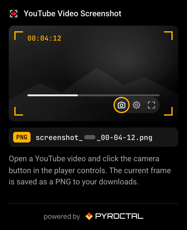 The YouTube Video Screenshot popup: a drawn player with amber corner brackets around the camera button and the file name screenshot_…_00-04-12.png